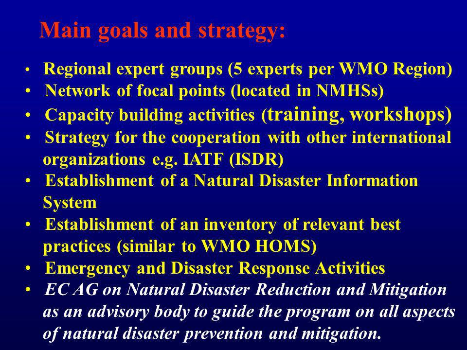 Regional expert groups (5 experts per WMO Region) Network of focal points (located in NMHSs) Capacity building activities ( training, workshops) Strategy for the cooperation with other international organizations e.g.