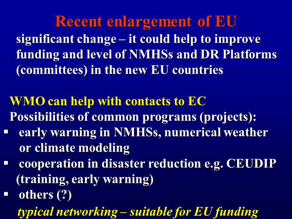 Recent enlargement of EU significant change – it could help to improve significant change – it could help to improve funding and level of NMHSs and DR Platforms funding and level of NMHSs and DR Platforms (committees) in the new EU countries (committees) in the new EU countries WMO can help with contacts to EC WMO can help with contacts to EC Possibilities of common programs (projects): Possibilities of common programs (projects): early warning in NMHSs, numerical weather early warning in NMHSs, numerical weather or climate modeling or climate modeling cooperation in disaster reduction e.g.