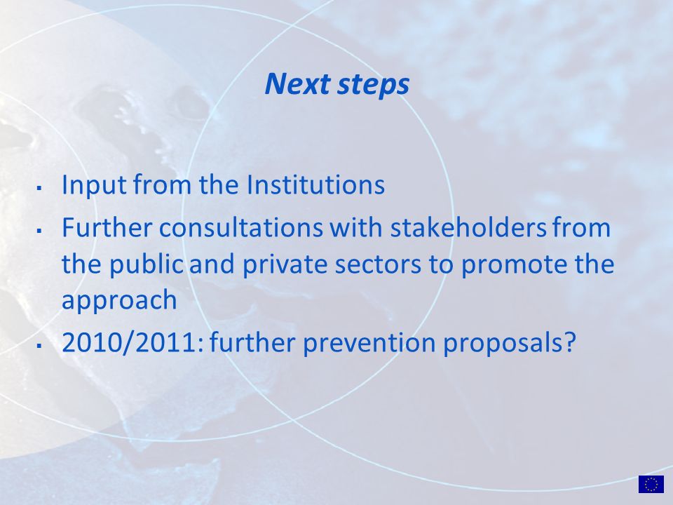 Next steps Input from the Institutions Further consultations with stakeholders from the public and private sectors to promote the approach 2010/2011: further prevention proposals