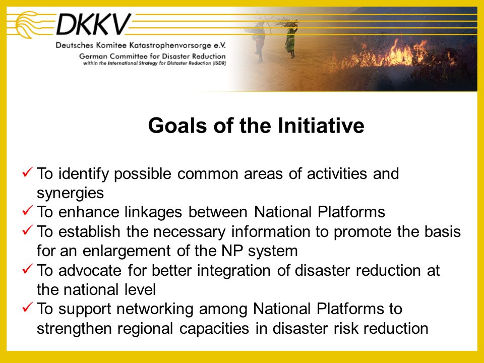 Goals of the Initiative To identify possible common areas of activities and synergies To enhance linkages between National Platforms To establish the necessary information to promote the basis for an enlargement of the NP system To advocate for better integration of disaster reduction at the national level To support networking among National Platforms to strengthen regional capacities in disaster risk reduction