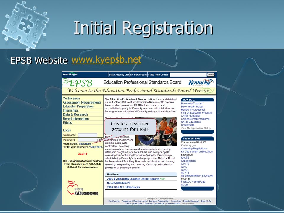 Initial Registration EPSB Website Create a new user account for EPSB