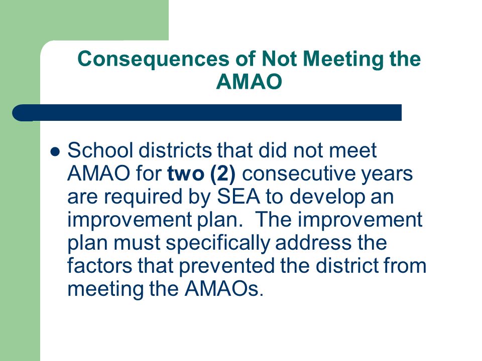 Consequences of Not Meeting the AMAO School districts that did not meet AMAO for two (2) consecutive years are required by SEA to develop an improvement plan.