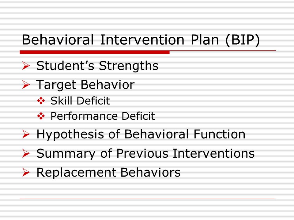 Behavioral Intervention Plan (BIP) Students Strengths Target Behavior Skill Deficit Performance Deficit Hypothesis of Behavioral Function Summary of Previous Interventions Replacement Behaviors