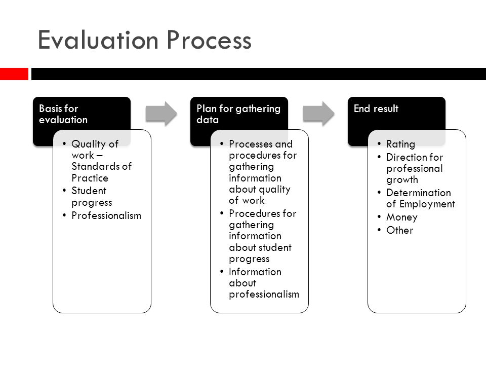 Evaluation Process Basis for evaluation Quality of work – Standards of Practice Student progress Professionalism Plan for gathering data Processes and procedures for gathering information about quality of work Procedures for gathering information about student progress Information about professionalism End result Rating Direction for professional growth Determination of Employment Money Other