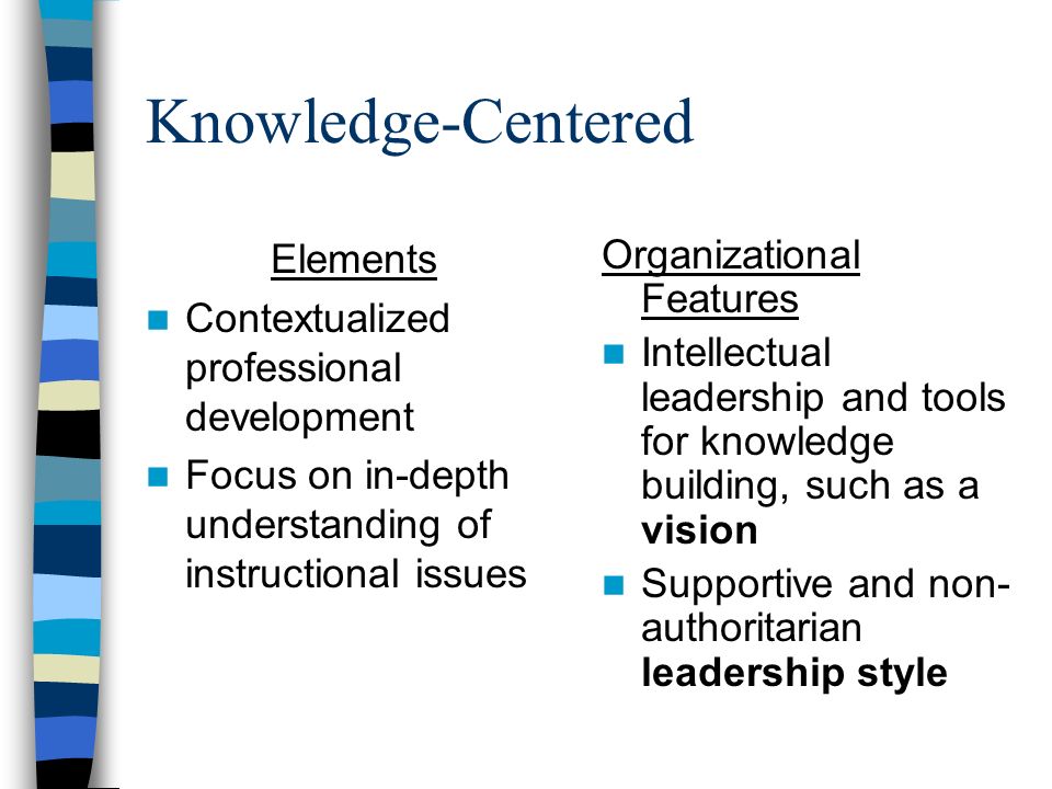 Learner-Centered Elements PD built upon teachers strengths, interests and experiences Availability of 1-1, customized help Choice from among topics and ways to learn Organizational Features Smaller size Decentralized authority Structures and processes to share info and help learning occur Support of pedagogical and technical learning