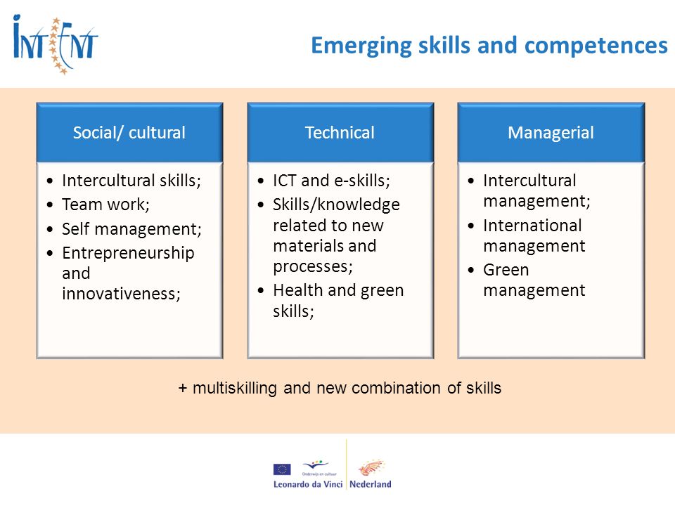 Emerging skills and competences Social/ cultural Intercultural skills; Team work; Self management; Entrepreneurship and innovativeness; Technical ICT and e-skills; Skills/knowledge related to new materials and processes; Health and green skills; Managerial Intercultural management; International management Green management + multiskilling and new combination of skills