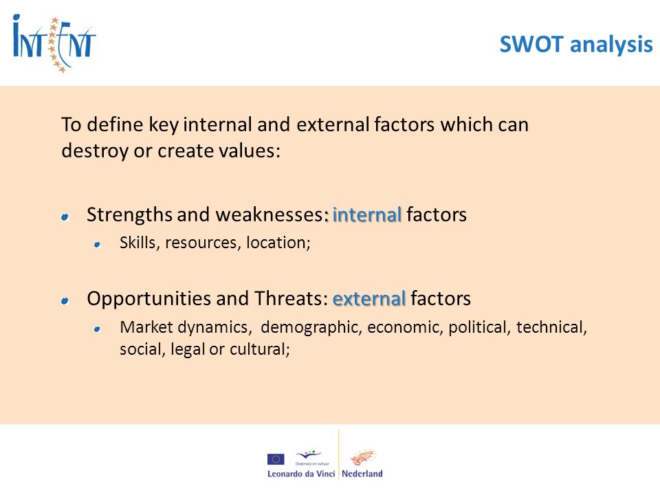 SWOT analysis To define key internal and external factors which can destroy or create values: : internal Strengths and weaknesses: internal factors Skills, resources, location; external Opportunities and Threats: external factors Market dynamics, demographic, economic, political, technical, social, legal or cultural;