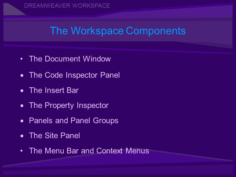 DREAMWEAVER WORKSPACE The Document Window The Code Inspector Panel The Insert Bar The Property Inspector Panels and Panel Groups The Site Panel The Menu Bar and Context Menus The Workspace Components