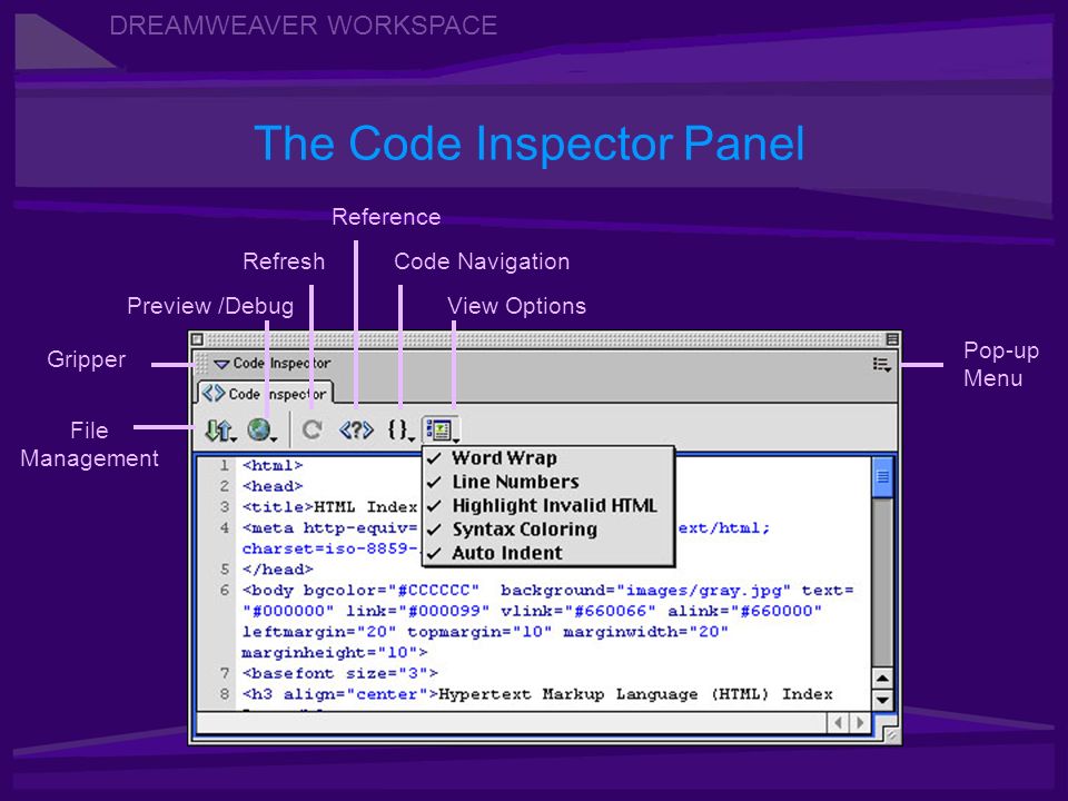 DREAMWEAVER WORKSPACE The Code Inspector Panel Gripper Pop-up Menu File Management Preview /Debug Reference View Options Code NavigationRefresh