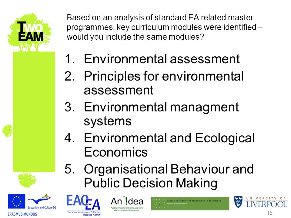 15 Based on an analysis of standard EA related master programmes, key curriculum modules were identified – would you include the same modules.