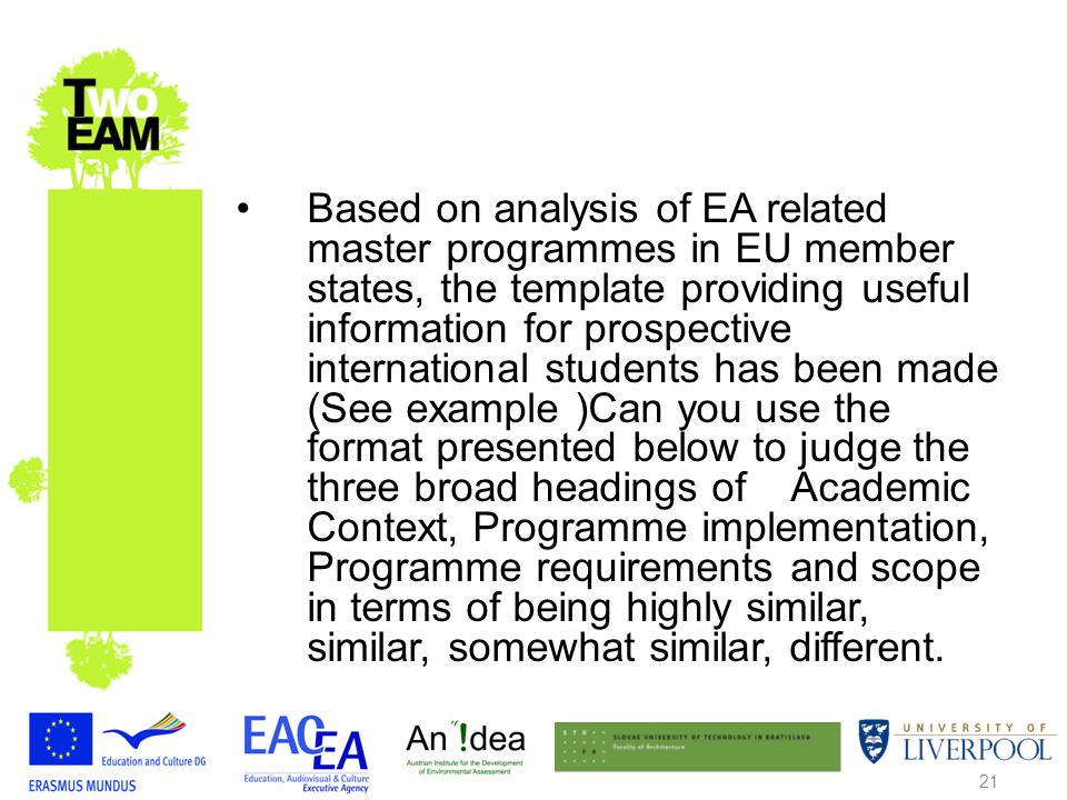 21 Based on analysis of EA related master programmes in EU member states, the template providing useful information for prospective international students has been made (See example )Can you use the format presented below to judge the three broad headings of Academic Context, Programme implementation, Programme requirements and scope in terms of being highly similar, similar, somewhat similar, different.