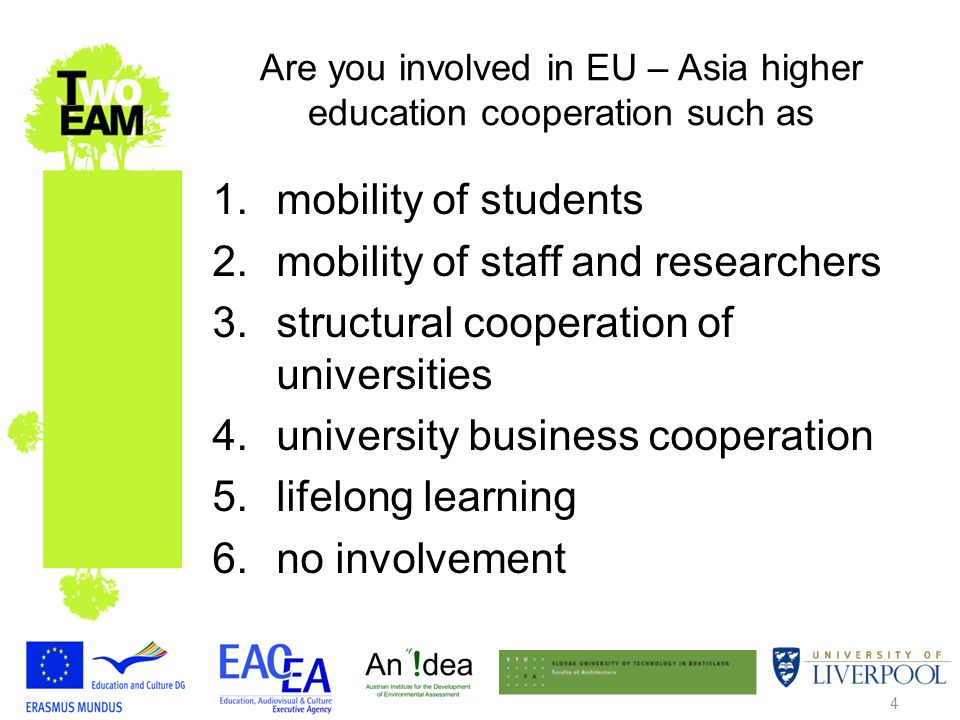 4 Are you involved in EU – Asia higher education cooperation such as 1.mobility of students 2.mobility of staff and researchers 3.structural cooperation of universities 4.university business cooperation 5.lifelong learning 6.no involvement