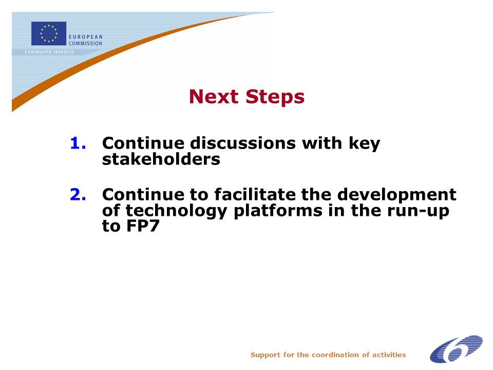 Support for the coordination of activities Next Steps 1.Continue discussions with key stakeholders 2.Continue to facilitate the development of technology platforms in the run-up to FP7