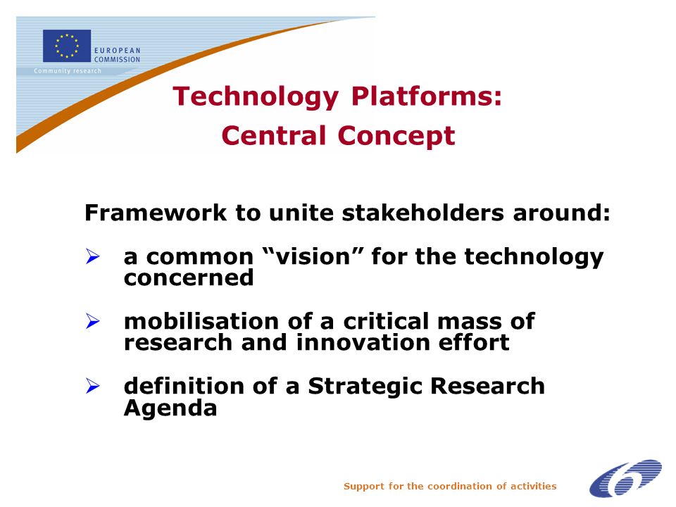 Support for the coordination of activities Technology Platforms: Central Concept Framework to unite stakeholders around: a common vision for the technology concerned mobilisation of a critical mass of research and innovation effort definition of a Strategic Research Agenda
