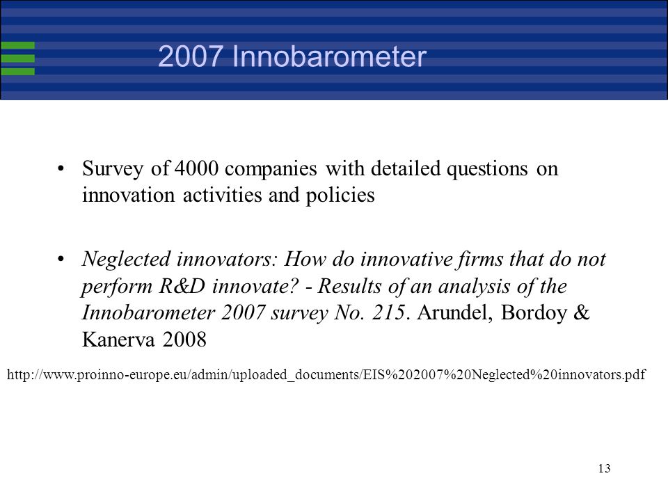 Innobarometer Survey of 4000 companies with detailed questions on innovation activities and policies Neglected innovators: How do innovative firms that do not perform R&D innovate.