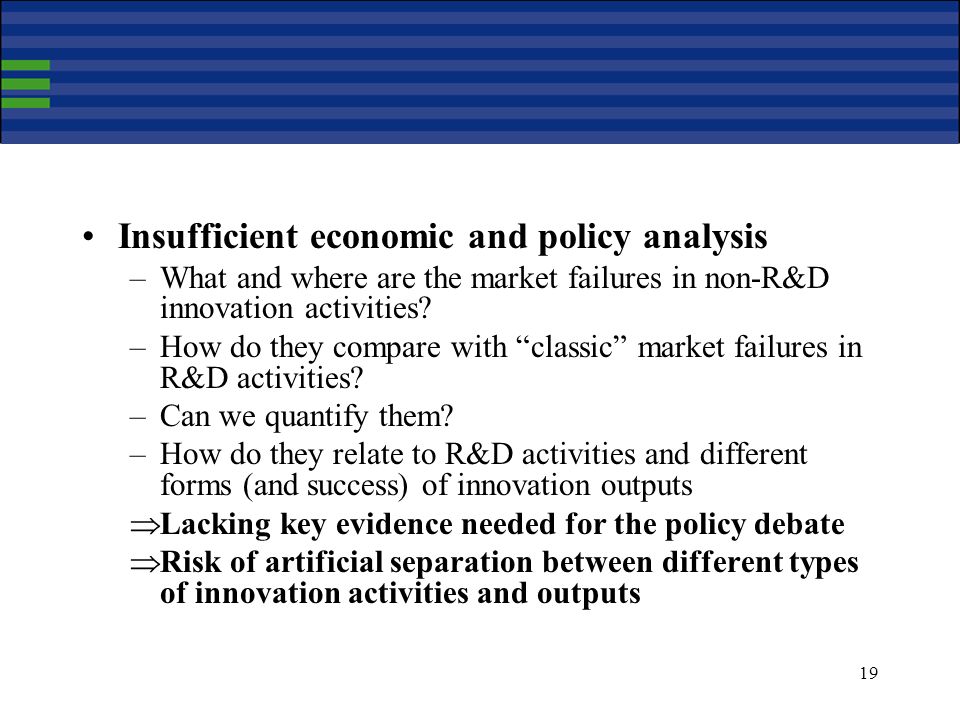 19 Insufficient economic and policy analysis –What and where are the market failures in non-R&D innovation activities.