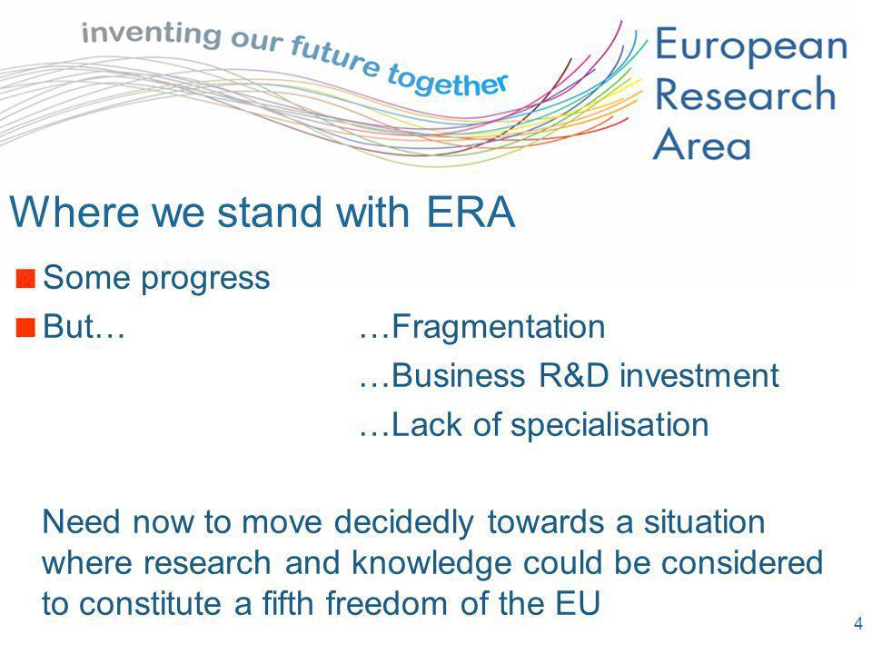 4 Where we stand with ERA Some progress But……Fragmentation …Business R&D investment …Lack of specialisation Need now to move decidedly towards a situation where research and knowledge could be considered to constitute a fifth freedom of the EU