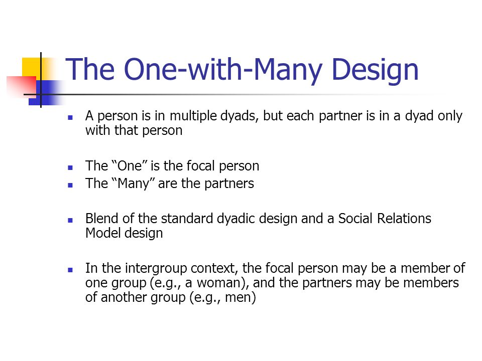 The One-with-Many Design A person is in multiple dyads, but each partner is in a dyad only with that person The One is the focal person The Many are the partners Blend of the standard dyadic design and a Social Relations Model design In the intergroup context, the focal person may be a member of one group (e.g., a woman), and the partners may be members of another group (e.g., men)