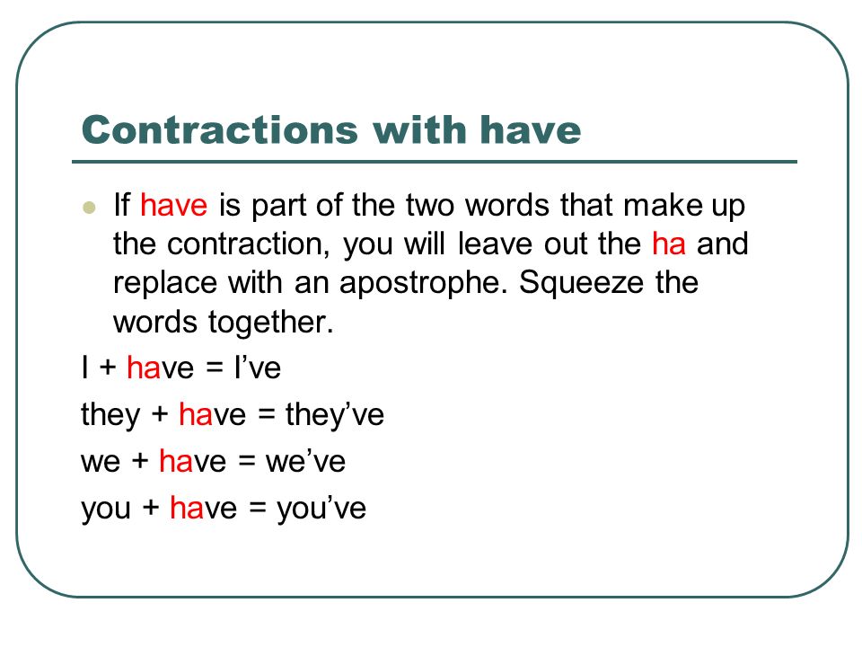 Contractions with not If not is part of the two words that make up the contraction, you will leave out the o and replace with an apostrophe.