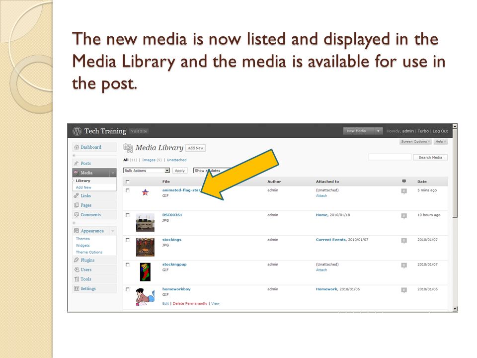 The new media is now listed and displayed in the Media Library and the media is available for use in the post.