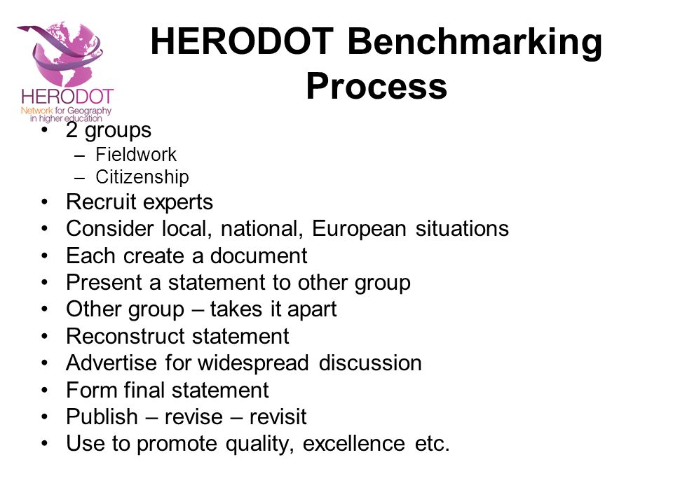 HERODOT Benchmarking Process 2 groups –Fieldwork –Citizenship Recruit experts Consider local, national, European situations Each create a document Present a statement to other group Other group – takes it apart Reconstruct statement Advertise for widespread discussion Form final statement Publish – revise – revisit Use to promote quality, excellence etc.