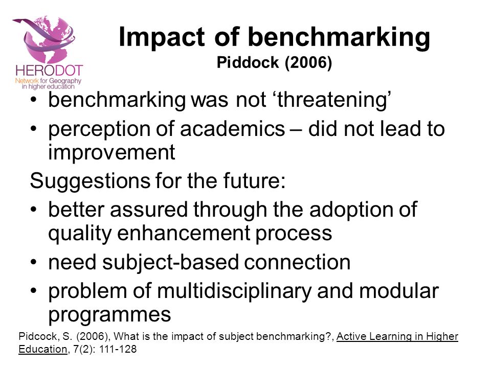 Impact of benchmarking Piddock (2006) benchmarking was not threatening perception of academics – did not lead to improvement Suggestions for the future: better assured through the adoption of quality enhancement process need subject-based connection problem of multidisciplinary and modular programmes Pidcock, S.
