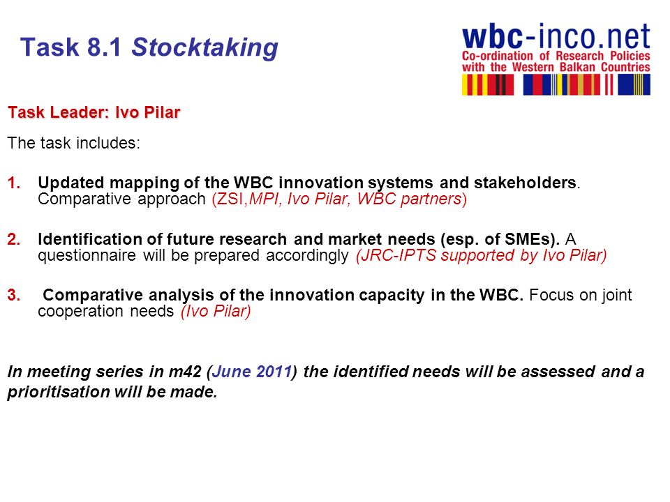 Task 8.1 Stocktaking Task Leader: Ivo Pilar The task includes: 1.Updated mapping of the WBC innovation systems and stakeholders.