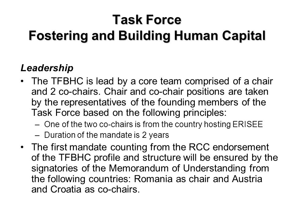 Task Force Fostering and Building Human Capital Leadership The TFBHC is lead by a core team comprised of a chair and 2 co-chairs.