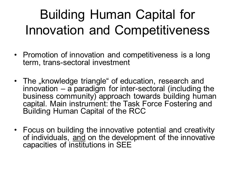 Building Human Capital for Innovation and Competitiveness Promotion of innovation and competitiveness is a long term, trans-sectoral investment The knowledge triangle of education, research and innovation – a paradigm for inter-sectoral (including the business community) approach towards building human capital.