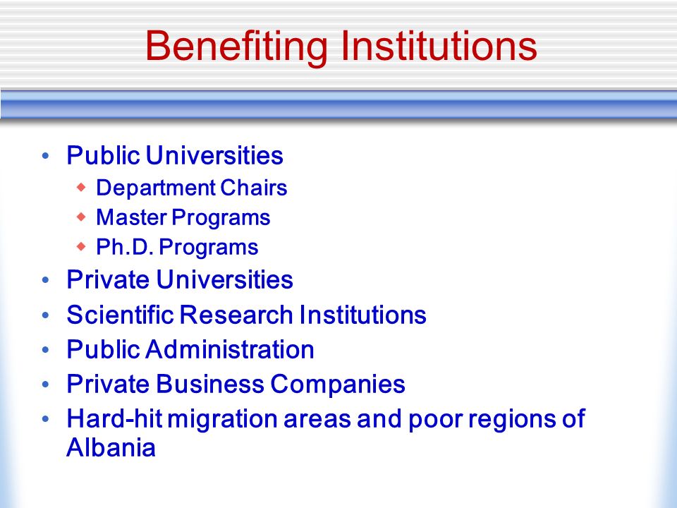 Benefiting Institutions Public Universities Department Chairs Master Programs Ph.D.