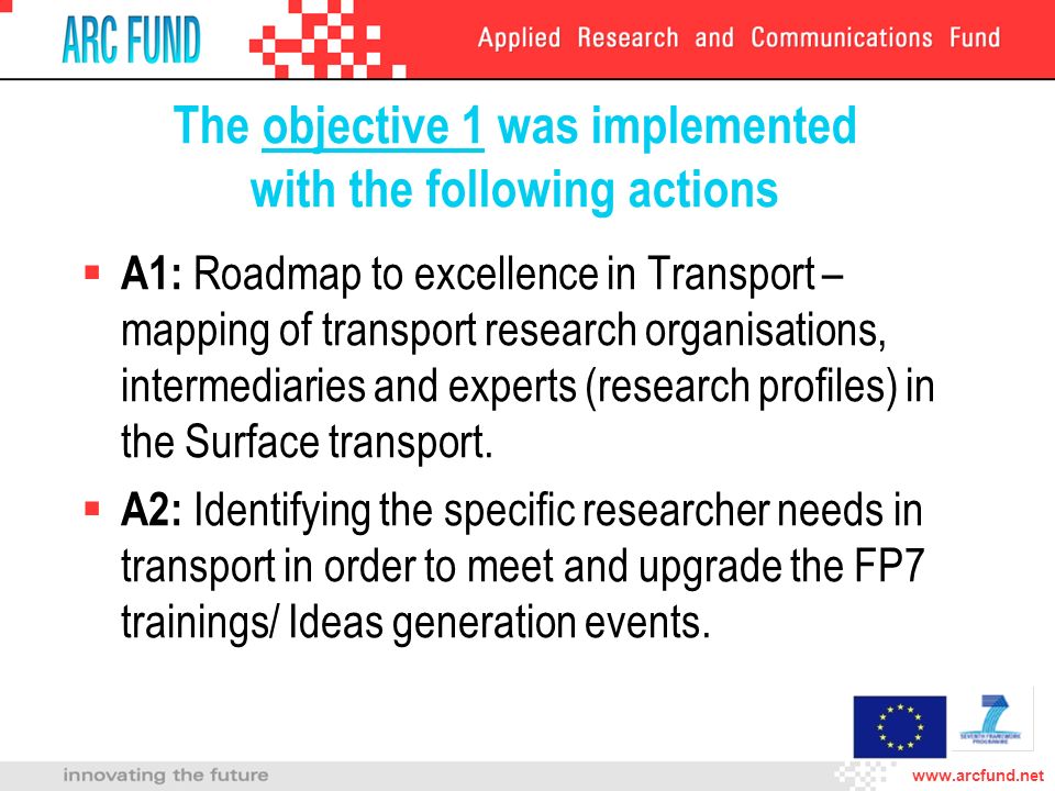 The objective 1 was implemented with the following actions A1: Roadmap to excellence in Transport – mapping of transport research organisations, intermediaries and experts (research profiles) in the Surface transport.