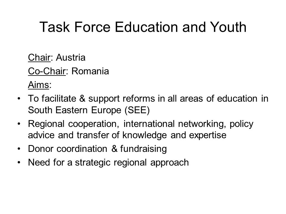 Task Force Education and Youth Chair: Austria Co-Chair: Romania Aims: To facilitate & support reforms in all areas of education in South Eastern Europe (SEE) Regional cooperation, international networking, policy advice and transfer of knowledge and expertise Donor coordination & fundraising Need for a strategic regional approach
