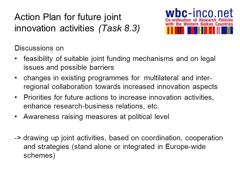 Action Plan for future joint innovation activities (Task 8.3) Discussions on feasibility of suitable joint funding mechanisms and on legal issues and possible barriers changes in existing programmes for multilateral and inter- regional collaboration towards increased innovation aspects Priorities for future actions to increase innovation activities, enhance research-business relations, etc.