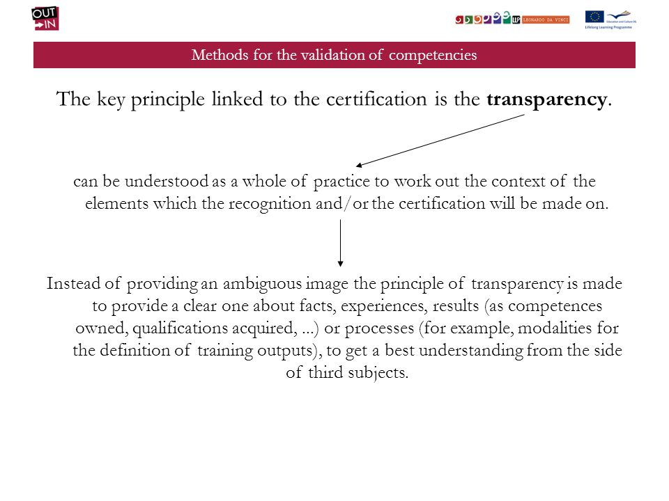 Methods for the validation of competencies The key principle linked to the certification is the transparency.