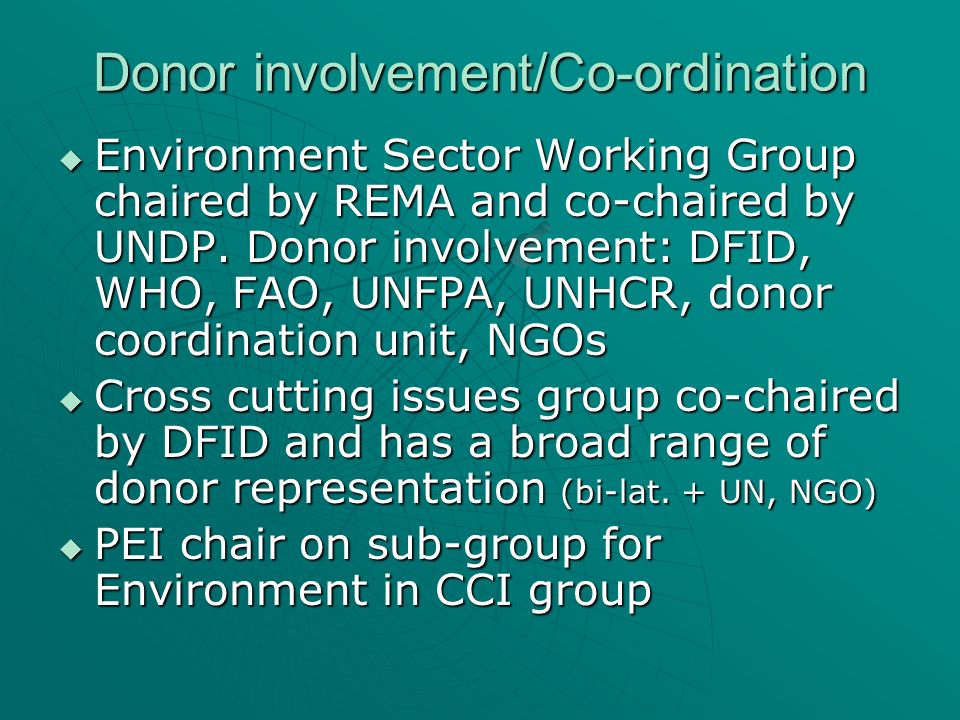 Donor involvement/Co-ordination Environment Sector Working Group chaired by REMA and co-chaired by UNDP.