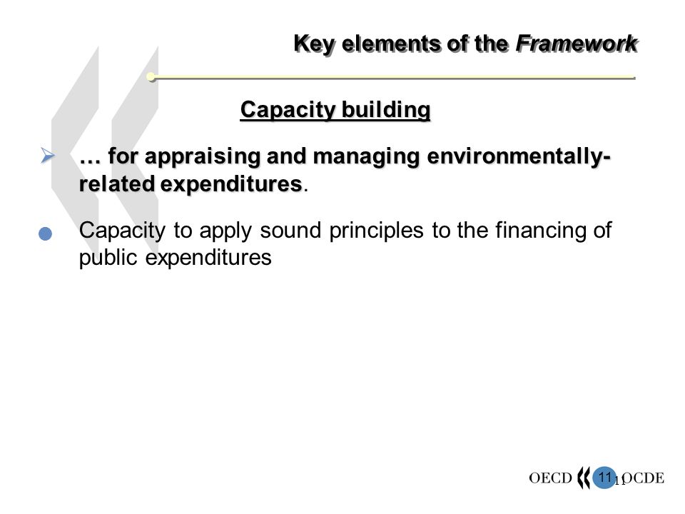11 Key elements of the Framework Capacity building … for appraising and managing environmentally- related expenditures … for appraising and managing environmentally- related expenditures.