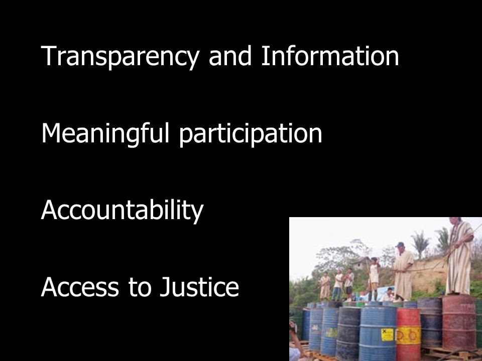 Transparency and Information Meaningful participation Accountability Access to Justice
