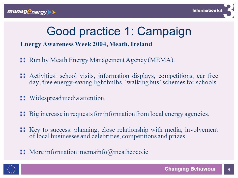6 3 Changing Behaviour Good practice 1: Campaign Energy Awareness Week 2004, Meath, Ireland Run by Meath Energy Management Agency (MEMA).