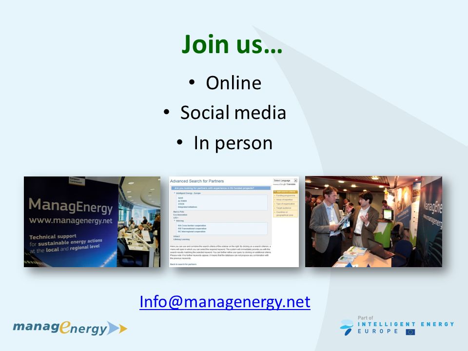 Join us… Online Social media In person