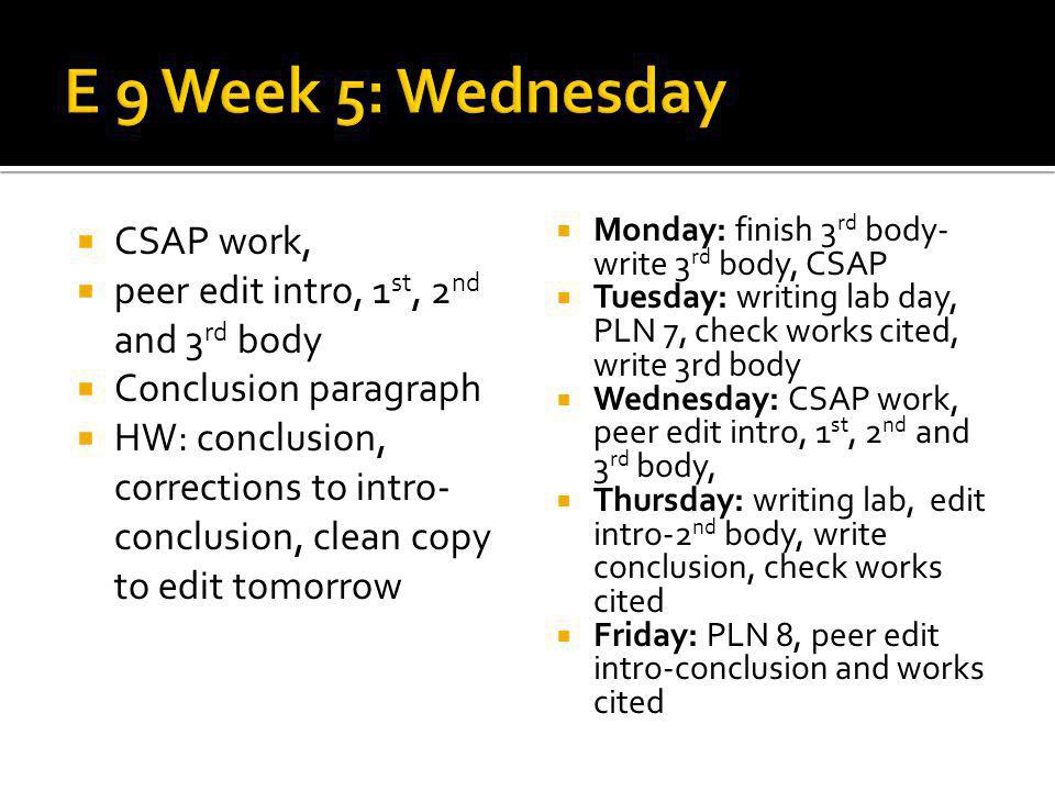 CSAP work, peer edit intro, 1 st, 2 nd and 3 rd body Conclusion paragraph HW: conclusion, corrections to intro- conclusion, clean copy to edit tomorrow Monday: finish 3 rd body- write 3 rd body, CSAP Tuesday: writing lab day, PLN 7, check works cited, write 3rd body Wednesday: CSAP work, peer edit intro, 1 st, 2 nd and 3 rd body, Thursday: writing lab, edit intro-2 nd body, write conclusion, check works cited Friday: PLN 8, peer edit intro-conclusion and works cited