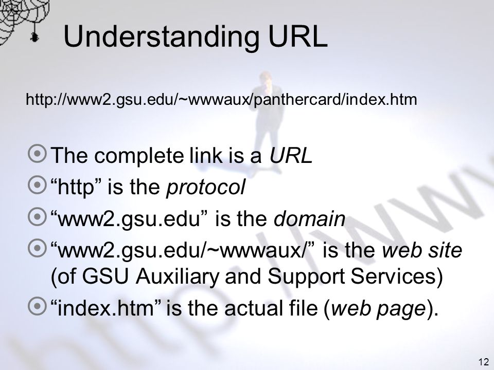 12 Understanding URL   The complete link is a URL http is the protocol www2.gsu.edu is the domain www2.gsu.edu/~wwwaux/ is the web site (of GSU Auxiliary and Support Services) index.htm is the actual file (web page).