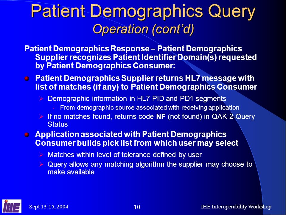 Sept 13-15, 2004IHE Interoperability Workshop 10 Patient Demographics Query Operation (contd) Patient Demographics Response – Patient Demographics Supplier recognizes Patient Identifier Domain(s) requested by Patient Demographics Consumer: Patient Demographics Supplier returns HL7 message with list of matches (if any) to Patient Demographics Consumer Demographic information in HL7 PID and PD1 segments From demographic source associated with receiving application If no matches found, returns code NF (not found) in QAK-2-Query Status Application associated with Patient Demographics Consumer builds pick list from which user may select Matches within level of tolerance defined by user Query allows any matching algorithm the supplier may choose to make available