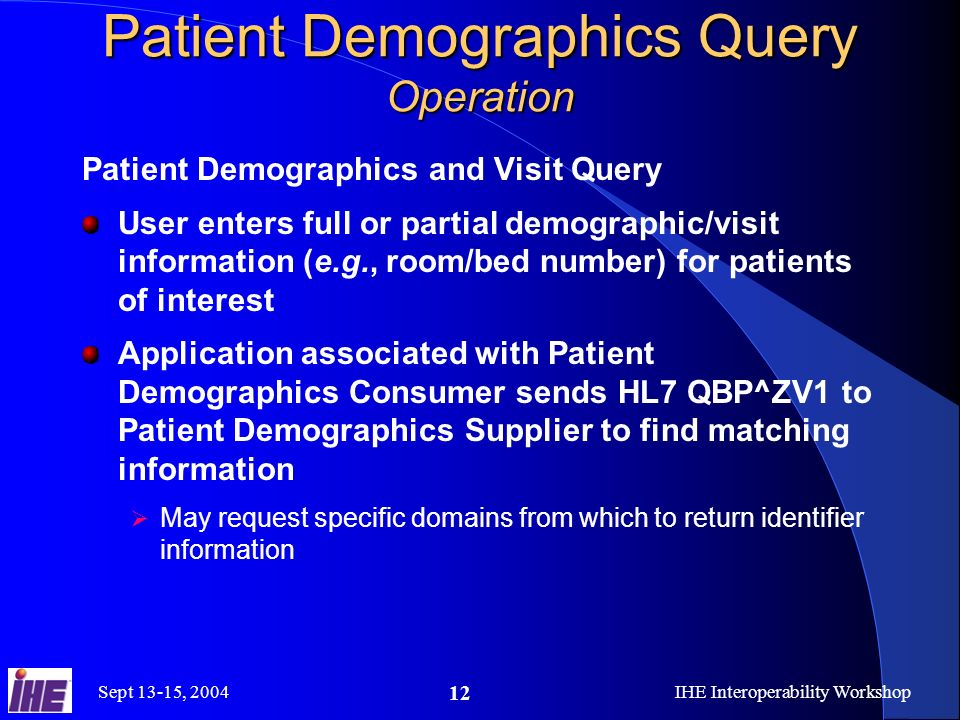 Sept 13-15, 2004IHE Interoperability Workshop 12 Patient Demographics Query Operation Patient Demographics and Visit Query User enters full or partial demographic/visit information (e.g., room/bed number) for patients of interest Application associated with Patient Demographics Consumer sends HL7 QBP^ZV1 to Patient Demographics Supplier to find matching information May request specific domains from which to return identifier information