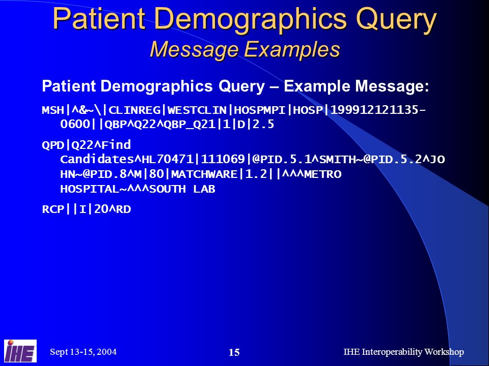 Sept 13-15, 2004IHE Interoperability Workshop 15 Patient Demographics Query Message Examples Patient Demographics Query – Example Message: MSH|^&~\|CLINREG|WESTCLIN|HOSPMPI|HOSP| ||QBP^Q22^QBP_Q21|1|D|2.5 QPD|Q22^Find  HOSPITAL~^^^SOUTH LAB RCP||I|20^RD