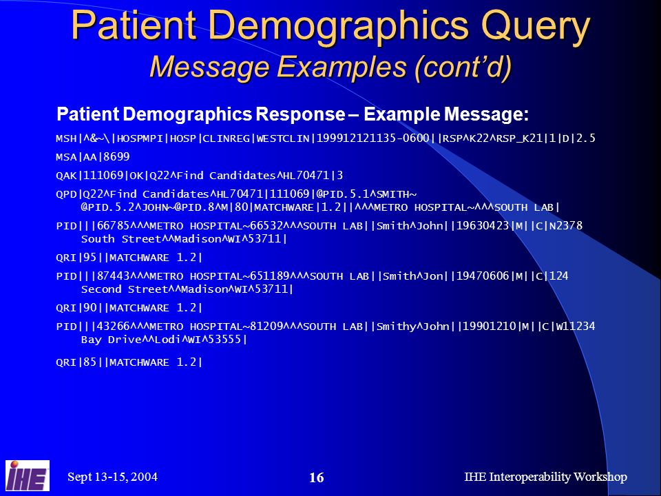 Sept 13-15, 2004IHE Interoperability Workshop 16 Patient Demographics Query Message Examples (contd) Patient Demographics Response – Example Message: MSH|^&~\|HOSPMPI|HOSP|CLINREG|WESTCLIN| ||RSP^K22^RSP_K21|1|D|2.5 MSA|AA|8699 QAK|111069|OK|Q22^Find Candidates^HL70471|3 QPD|Q22^Find  HOSPITAL~^^^SOUTH LAB| PID|||66785^^^METRO HOSPITAL~66532^^^SOUTH LAB||Smith^John|| |M||C|N2378 South Street^^Madison^WI^53711| QRI|95||MATCHWARE 1.2| PID|||87443^^^METRO HOSPITAL~651189^^^SOUTH LAB||Smith^Jon|| |M||C|124 Second Street^^Madison^WI^53711| QRI|90||MATCHWARE 1.2| PID|||43266^^^METRO HOSPITAL~81209^^^SOUTH LAB||Smithy^John|| |M||C|W11234 Bay Drive^^Lodi^WI^53555| QRI|85||MATCHWARE 1.2|