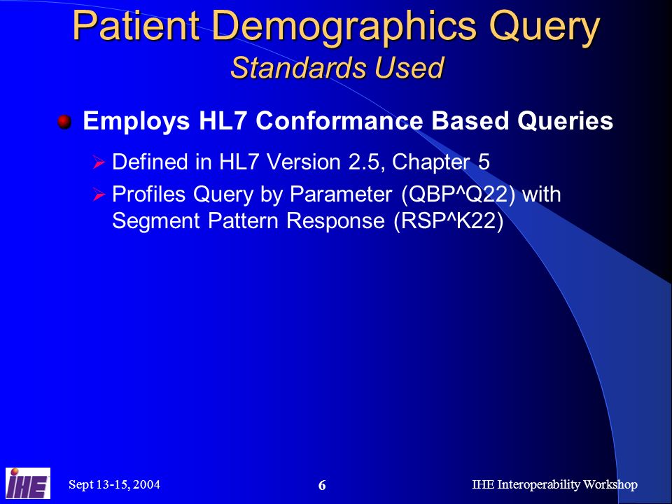 Sept 13-15, 2004IHE Interoperability Workshop 6 Patient Demographics Query Standards Used Employs HL7 Conformance Based Queries Defined in HL7 Version 2.5, Chapter 5 Profiles Query by Parameter (QBP^Q22) with Segment Pattern Response (RSP^K22)