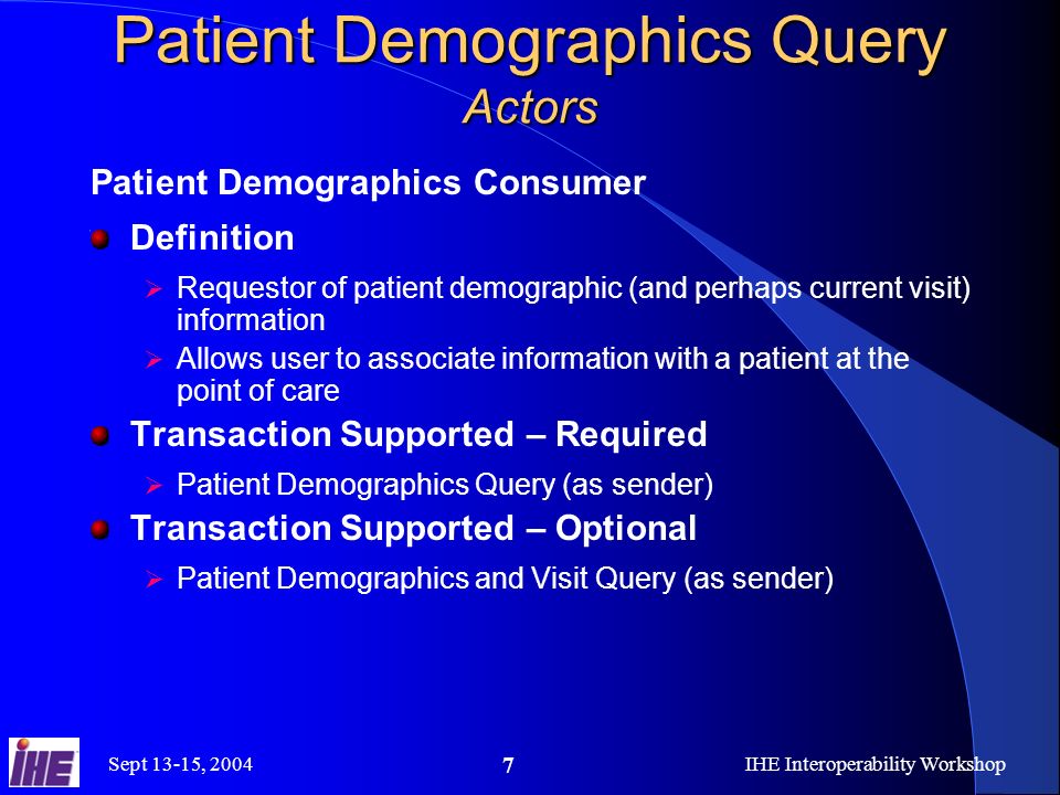 Sept 13-15, 2004IHE Interoperability Workshop 7 Patient Demographics Query Actors Patient Demographics Consumer Definition Requestor of patient demographic (and perhaps current visit) information Allows user to associate information with a patient at the point of care Transaction Supported – Required Patient Demographics Query (as sender) Transaction Supported – Optional Patient Demographics and Visit Query (as sender)