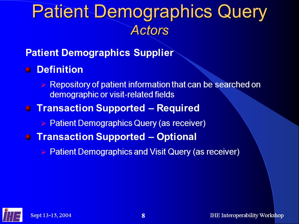 Sept 13-15, 2004IHE Interoperability Workshop 8 Patient Demographics Query Actors Patient Demographics Supplier Definition Repository of patient information that can be searched on demographic or visit-related fields Transaction Supported – Required Patient Demographics Query (as receiver) Transaction Supported – Optional Patient Demographics and Visit Query (as receiver)