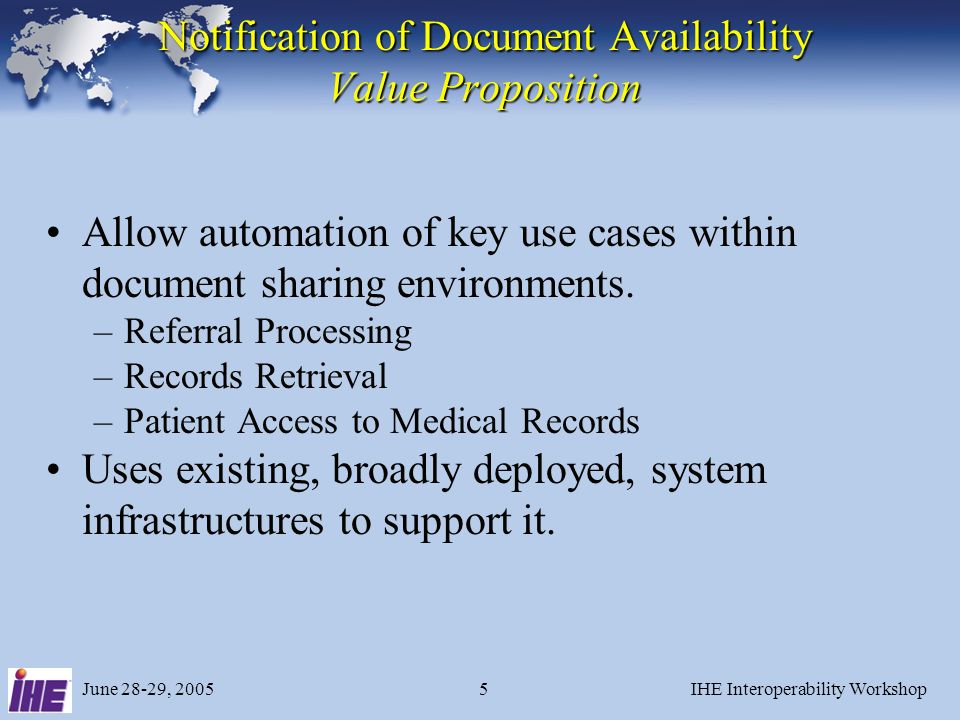 June 28-29, 2005IHE Interoperability Workshop5 Notification of Document Availability Value Proposition Allow automation of key use cases within document sharing environments.