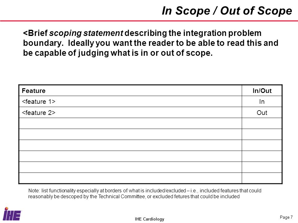IHE Cardiology Page 7 In Scope / Out of Scope <Brief scoping statement describing the integration problem boundary.